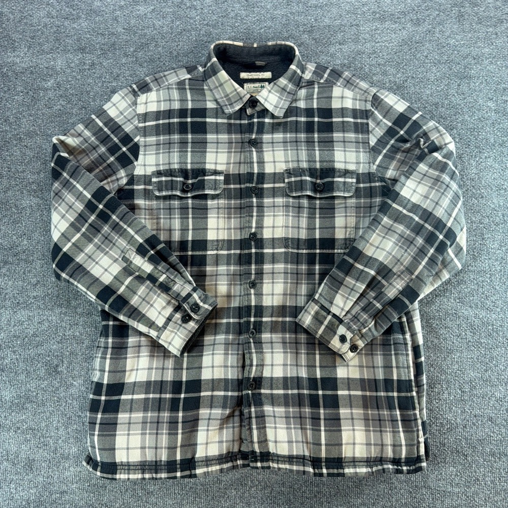 VTG LL Bean Fleece Lined Flannel Shirt Jacket Mens L Gray Black Plaid Shacket